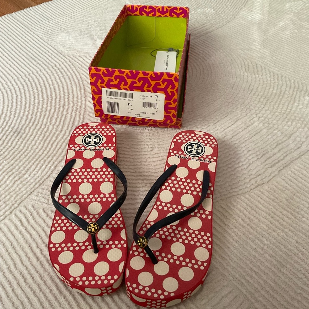 Tory Burch Red Polka Dot Flip Flop Sandals